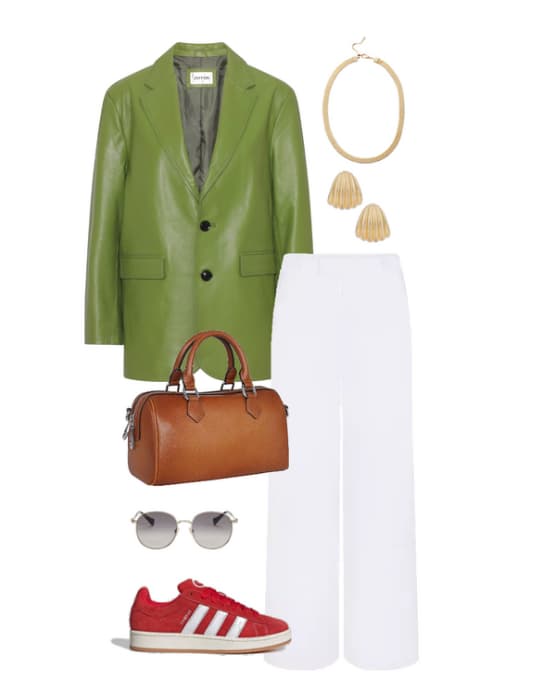 Green oversized leather blazer; white, straight leg pants; gold necklace and earrings; brown leather purse, sunglasses, red Adidas. 