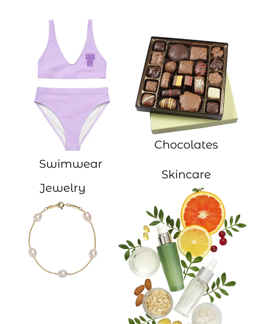 Cabo Christmas gift guide for her, including an El Squid Roe ikini, a box of chocolates, a pearl bracelet, and natural skincare. 