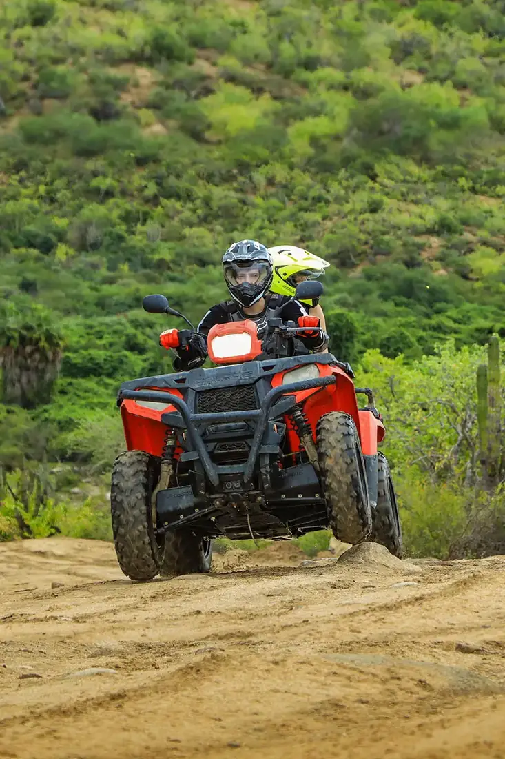 Two people riding an ATV in the Baja desert, with greenery behind them. 