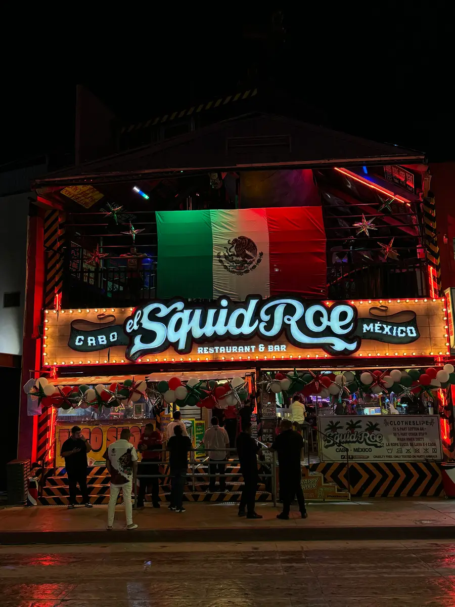 El Squid Roe in Cabo, Mexico decorated for Mexico's Independence Day. 