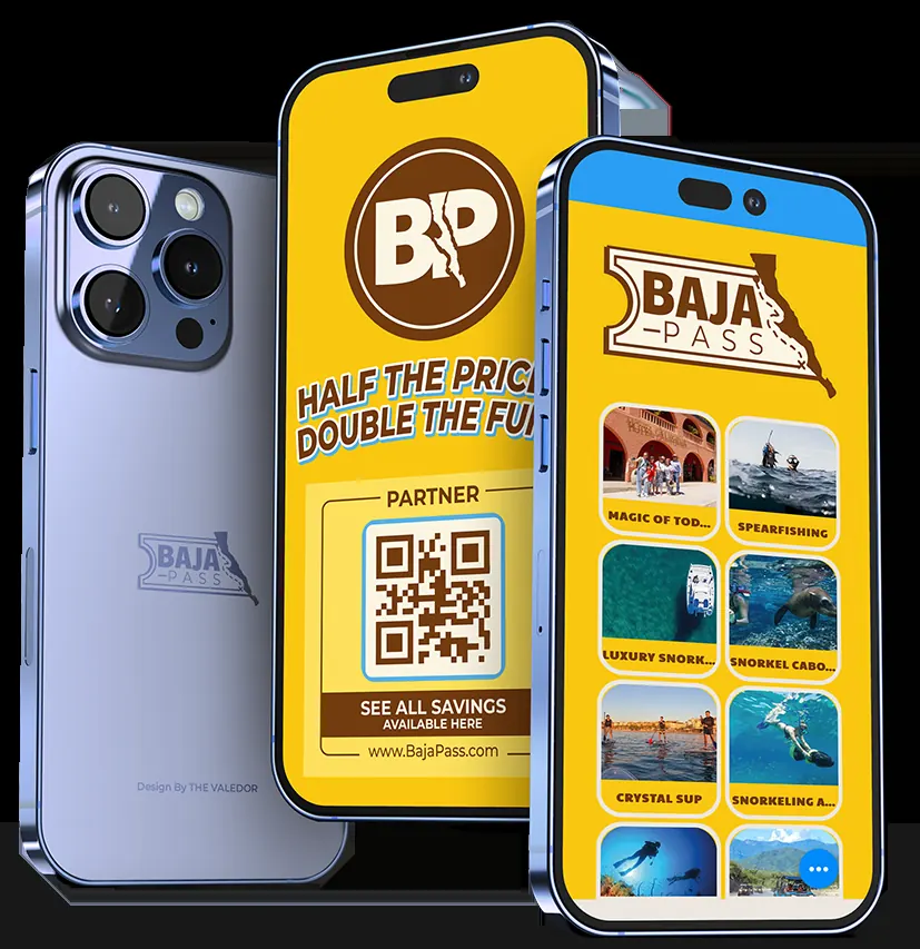 Three phones showing different pages on the Baja Pass website. 