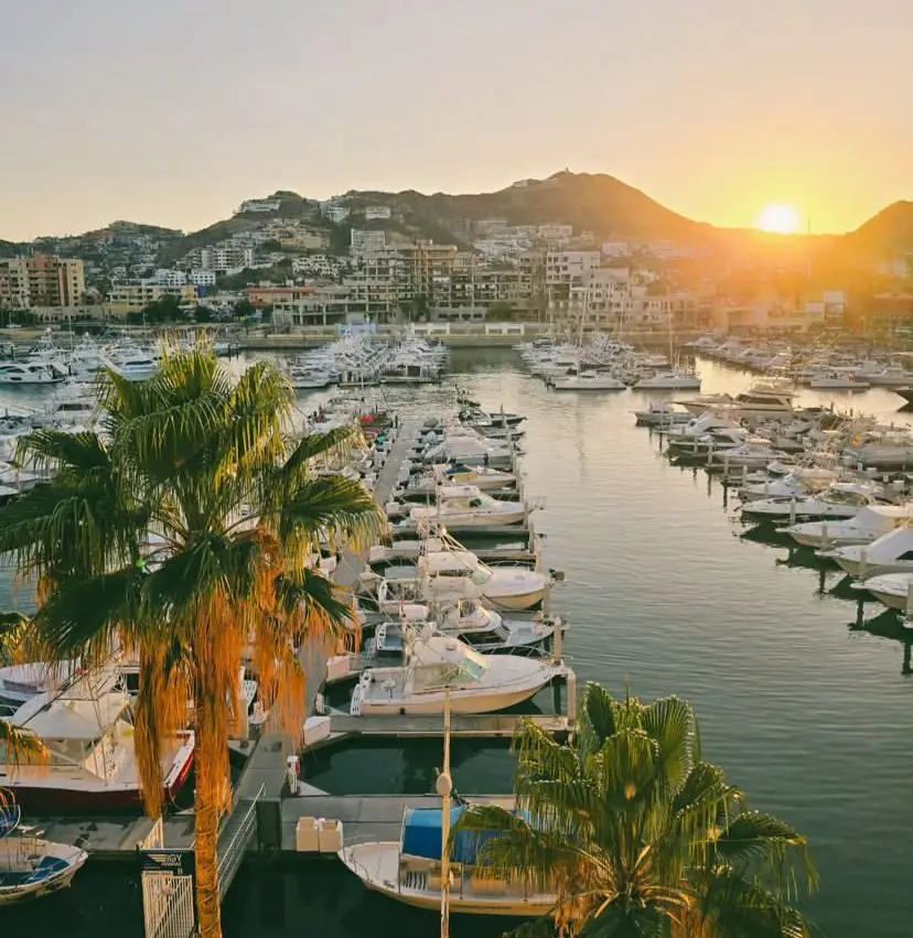 The marina of Cabo San Lucas seen at sunset. 