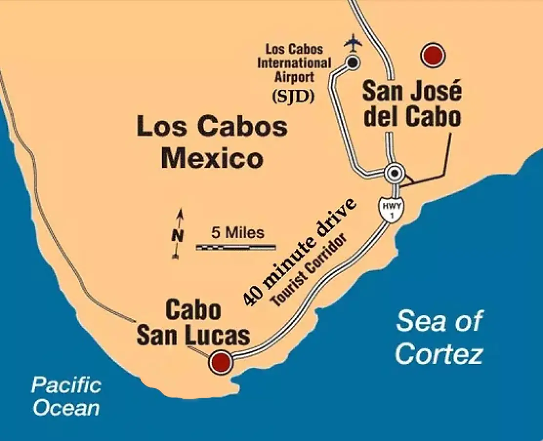 Map of the very tip of the Baja peninsula. showing the distance from the airport to Cabo San Lucas.