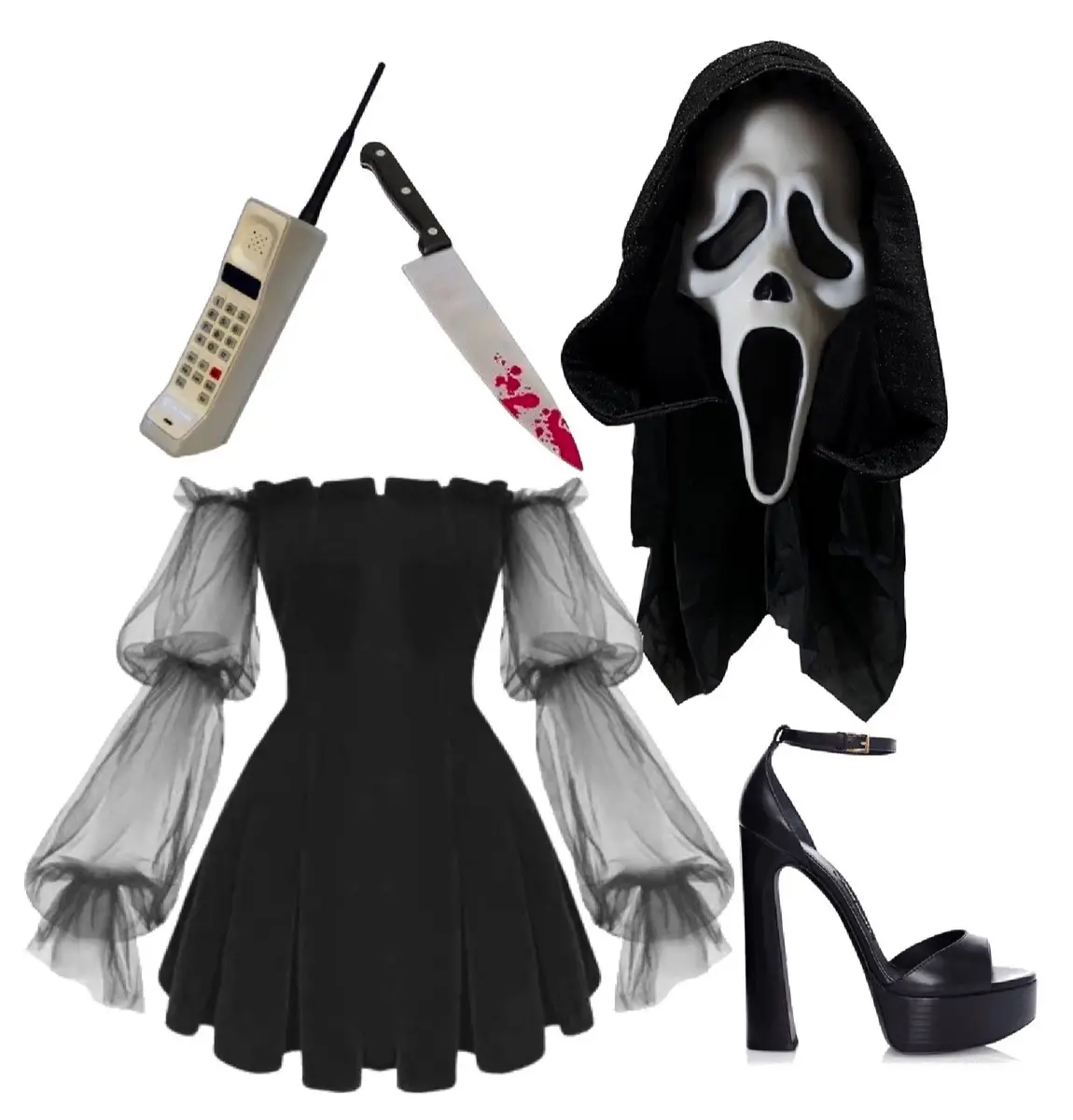Ghostface costume idea: flowy black dress, black heels, fake knife with fake blood, an old school phone, and a Ghostface mask. 