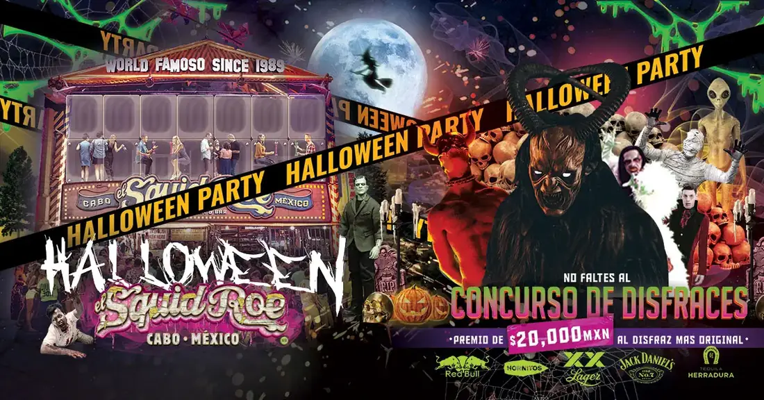 HAlloween event flyer with El Squid Roe in the background, a witch flying in front of the moon, and a bunch of classic characters bunched up on the right side. Characters include devil, demons, alines, Frankenstein. mummies. and more.