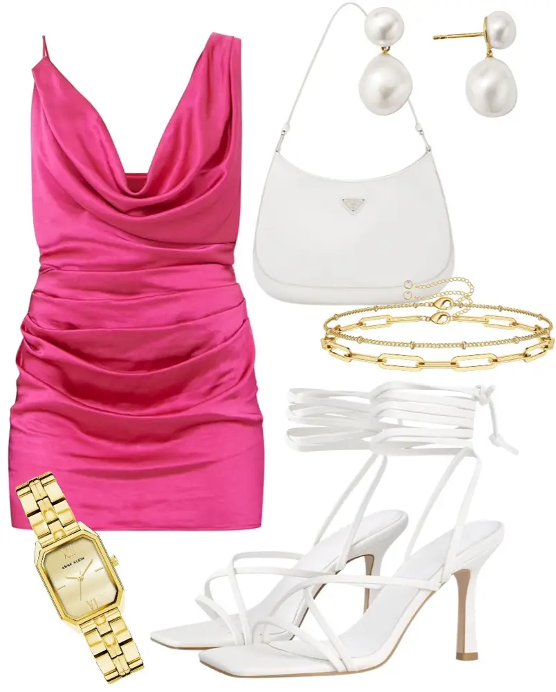 Pink satin dress, strappy white heels, white handbag, pearl earrings, gold watch, and gold bracelets. 