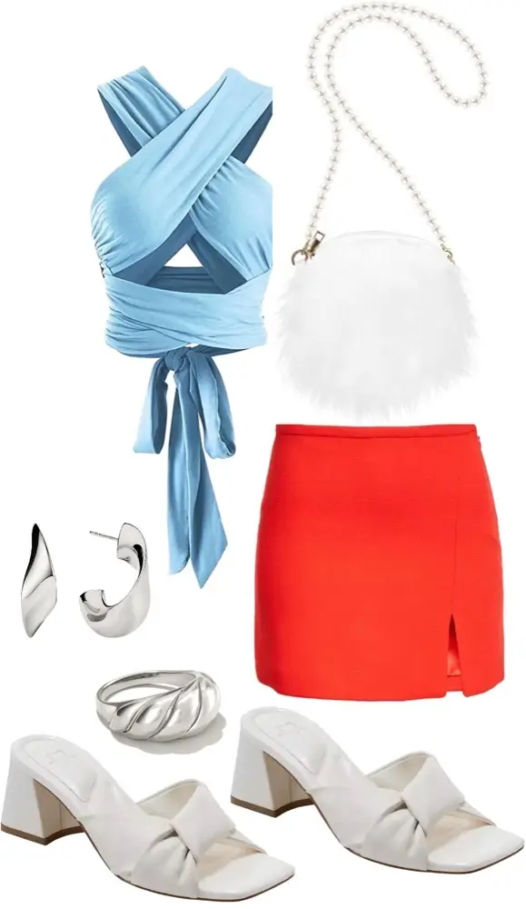 A fitted blue top with a red mini skirt, completed with white sandals and a navy blue bag.