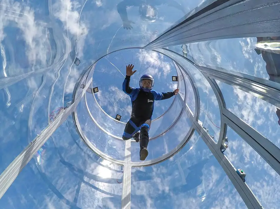 Person enjoying indoor skydiving in Cabo, Mexico.
