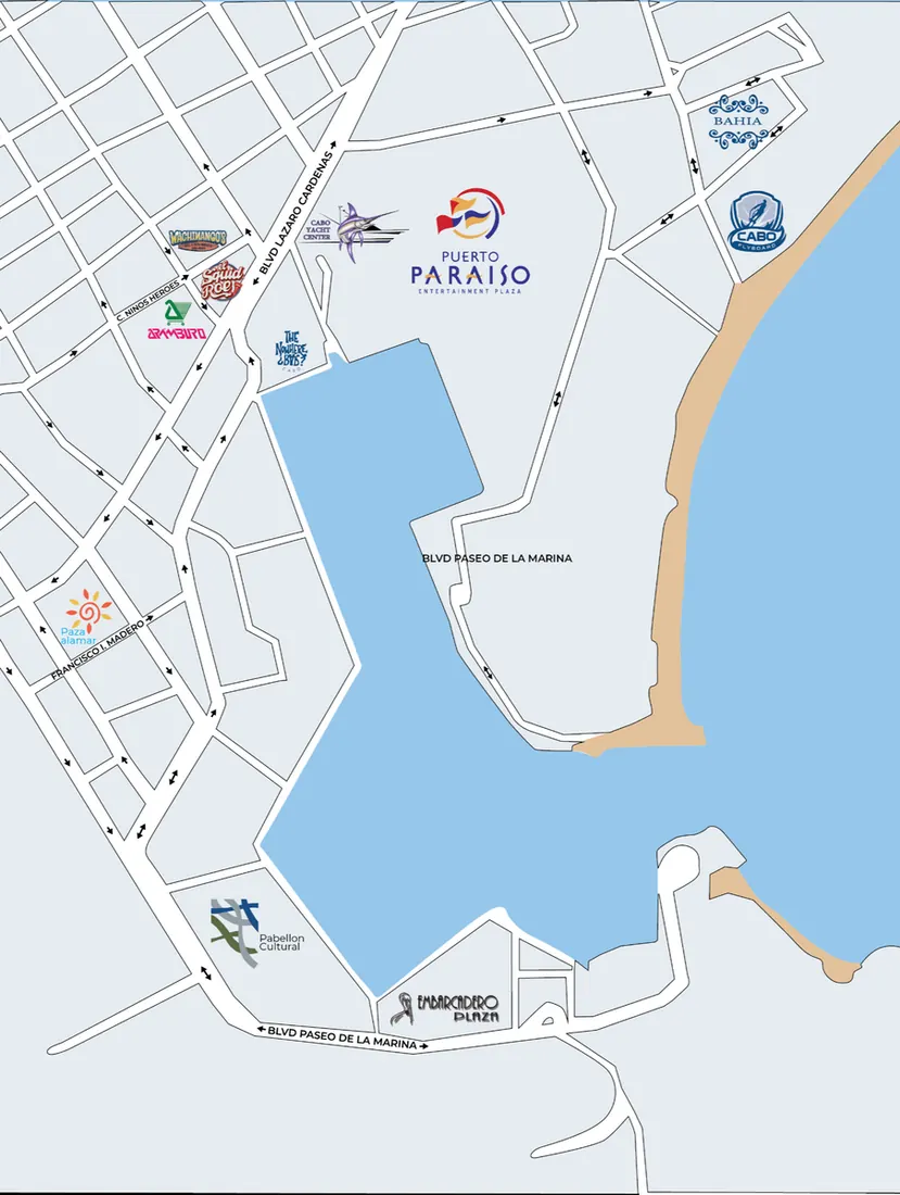 Map of Cabo San Lucas showing where you can see all the parking spots mentioned in this post.
