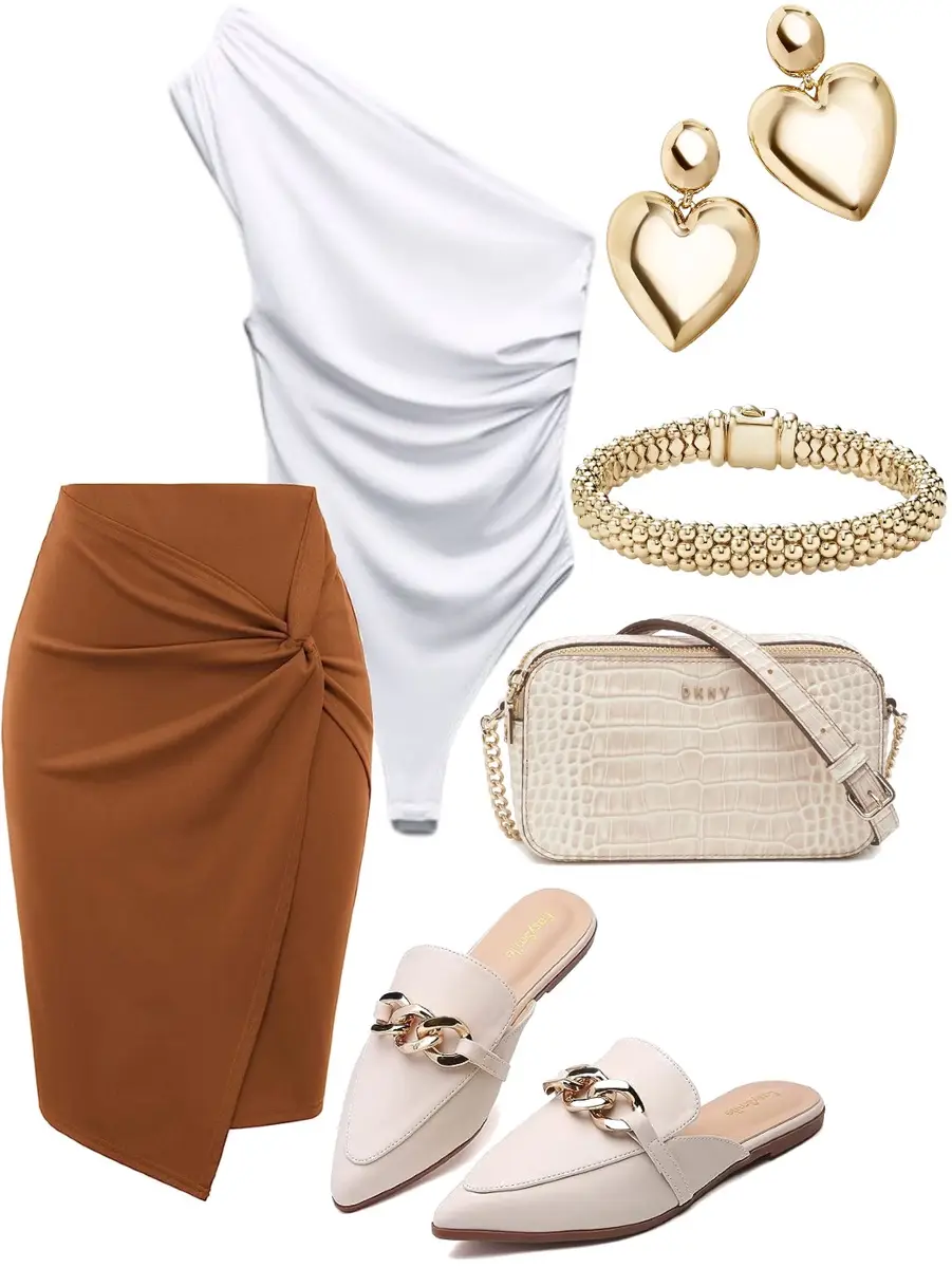 Brownish- orange midi skirt with a white leotard, gold heart earrings, thick gold bracelet, cream loafers with gold accents on them , and a cream faux leather purse.
