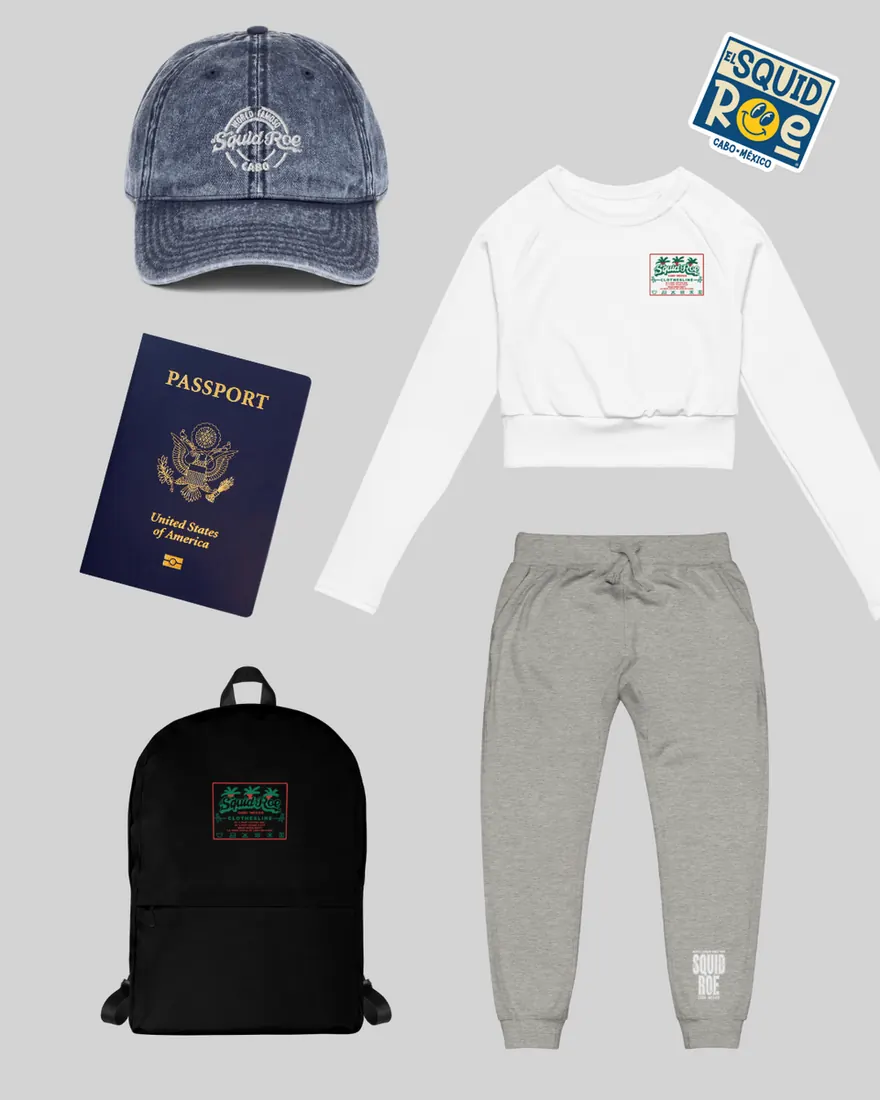 Grey sweatpants with "El Squid Roe" on the leg, white crop top with "El Squid Roe Clothesline" design on the chest and back, black backpack with Clothesline design, denim pac with "World Famoso El Squid Roe" embroidered in white, El Squid Roe smiley sticker, and an American passport.