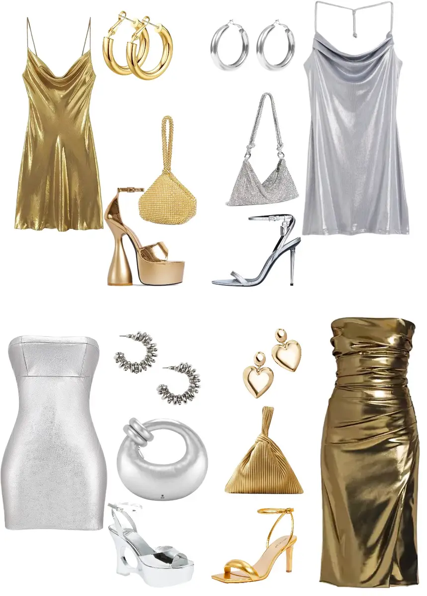 Lose mini dress in gold, paired with thick gold heels, a Japanese knot bag and gold hoops; lose silver mini dress paired with strappy silver heels, a metallic silver purse, and silver hoops; silver strpless mini dress with silver purse, hoops, and heels; gold midi dress with golden Japanese knott bag, heart shapped gold earrings, and strappy gold heels.
