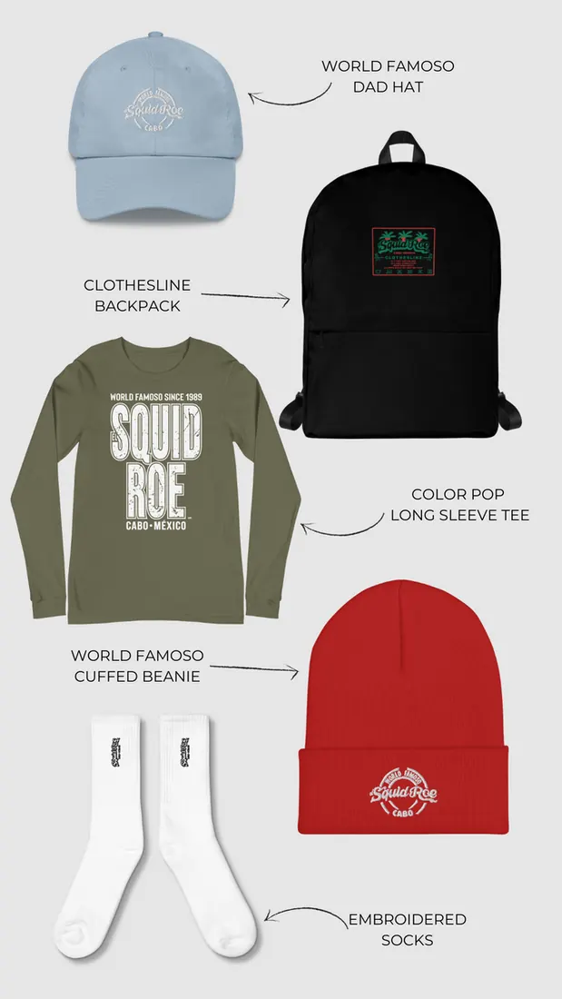 Light blue World Famoso Dad Hat, Black Clothesline Backpack, Military green Color Pop long sleeve tee, Red World Famoso cuffed beanie, and white socks with the El Squid Roe logo embroidered on them.