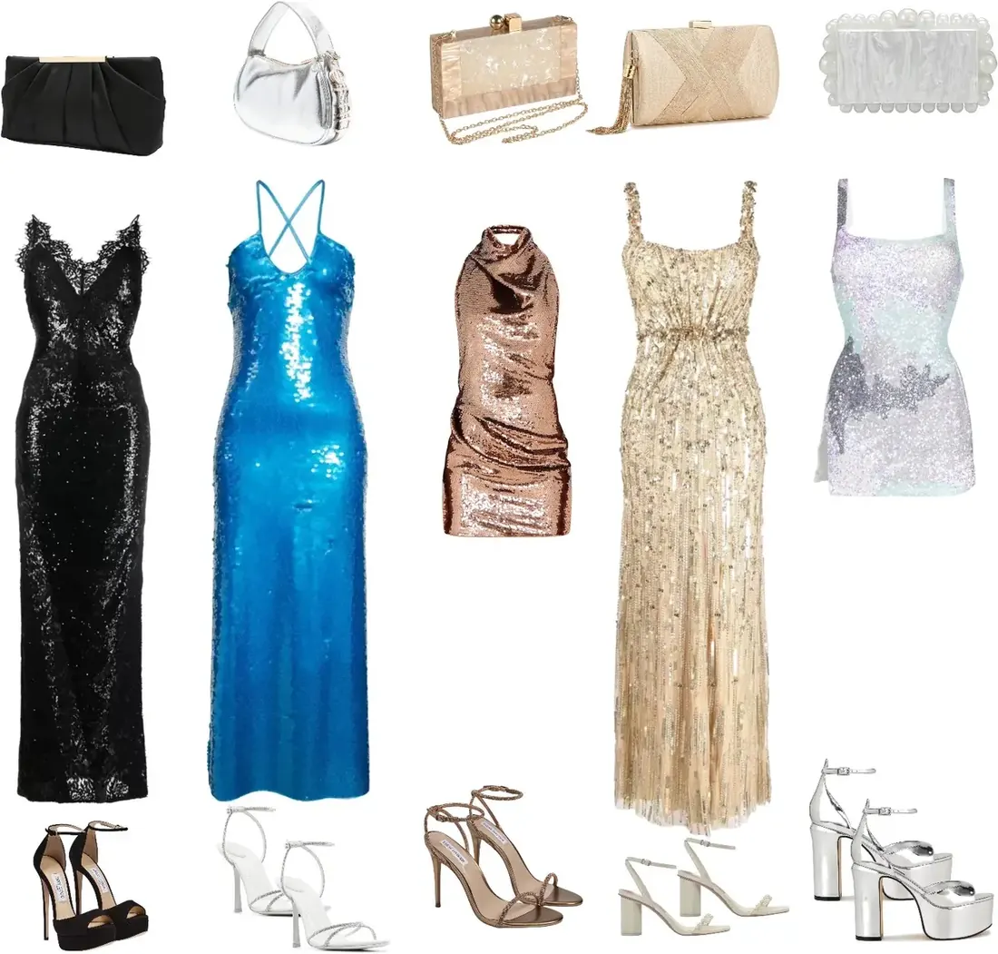 Long black sequin dress with a black clutch and black pumps; a long blue sequin dress with a silver purse and strappy, silver heels; a bronze mini dress with a cowl neck paired with brown heels, and a tan clutch; long gold sequin dress paired with strappy gold heels and a ruffled gold satin clutch; silver sequin mini dress paired with thick heel pumps, and a silver clutch.