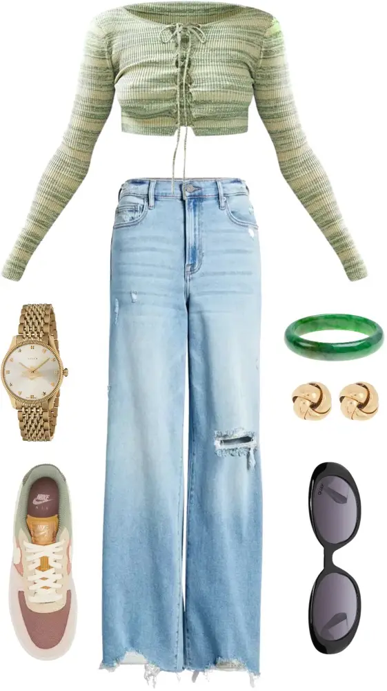 Baggy jeans, green crop top, black sunglasses, colorful tennis shoes, green ring, and gold jewelry.
