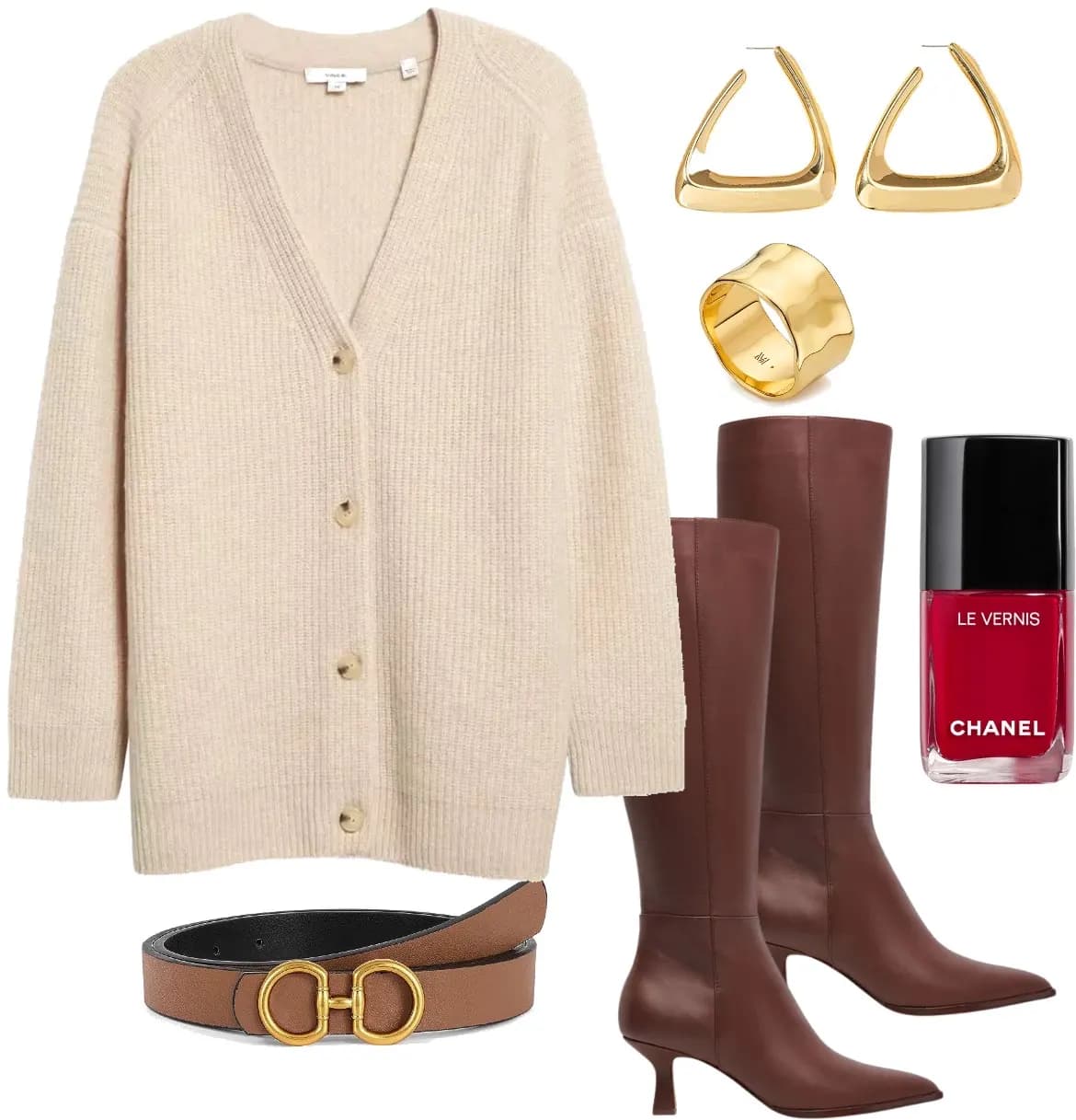 Beige sweater dress, brown belt with gold accents, tan boots with a slight heel, red nail polish, gold earrings, and gold ring.