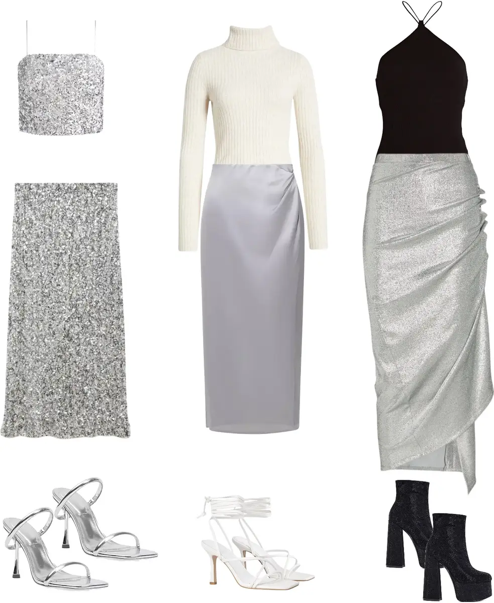 Silver sequin tube top paired with a silver sequin midi skirt and strappy silver heels; white turtle neck sweater paired with a purple-silver satin midi skirt and white strappy heels; black top paired with a metallic silver midi skirt and black ankle boots.