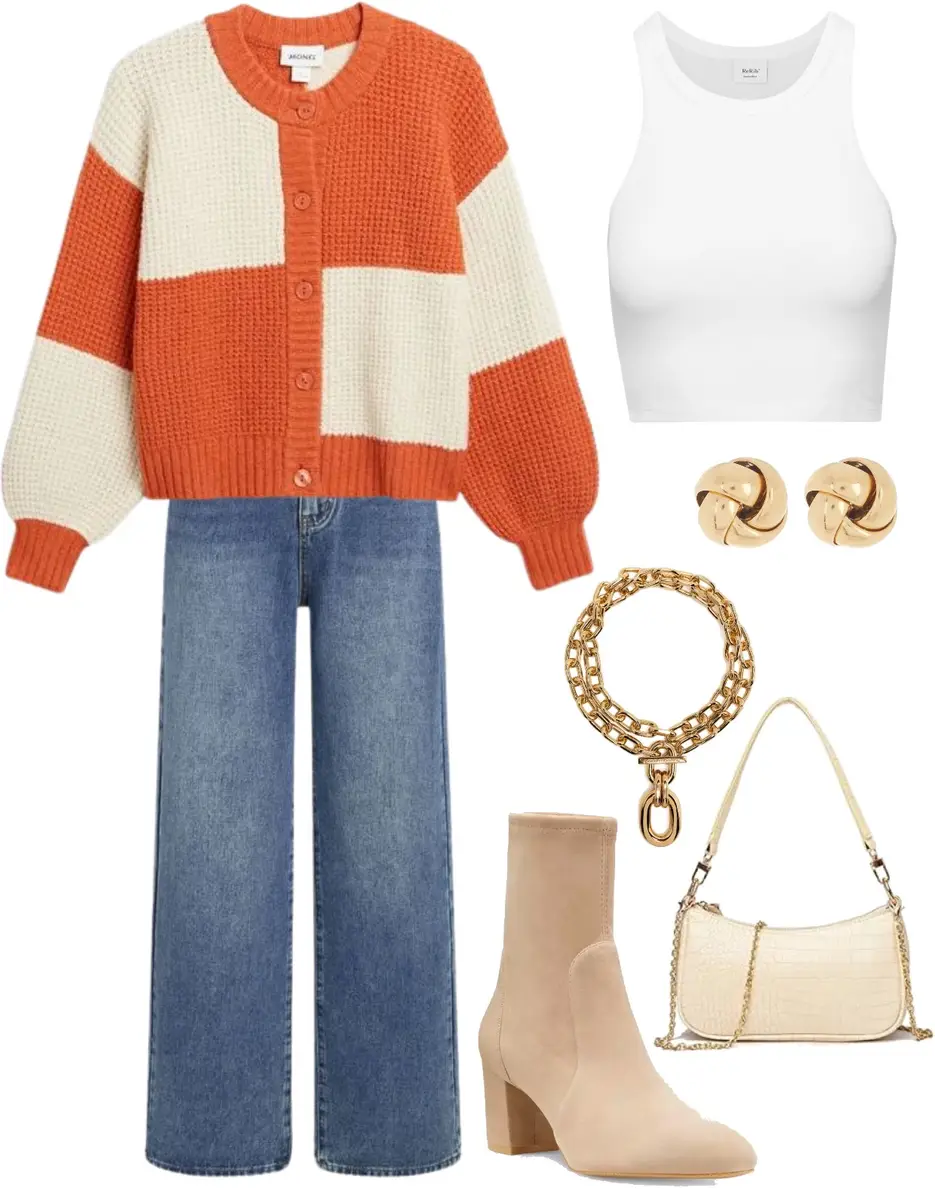 Wide-legged pants, nude suede booties, white tank top, orange and cream chunky sweater, gold earrings that look like a monkey knot, thick gold necklace, off-white purse with a gold chain.