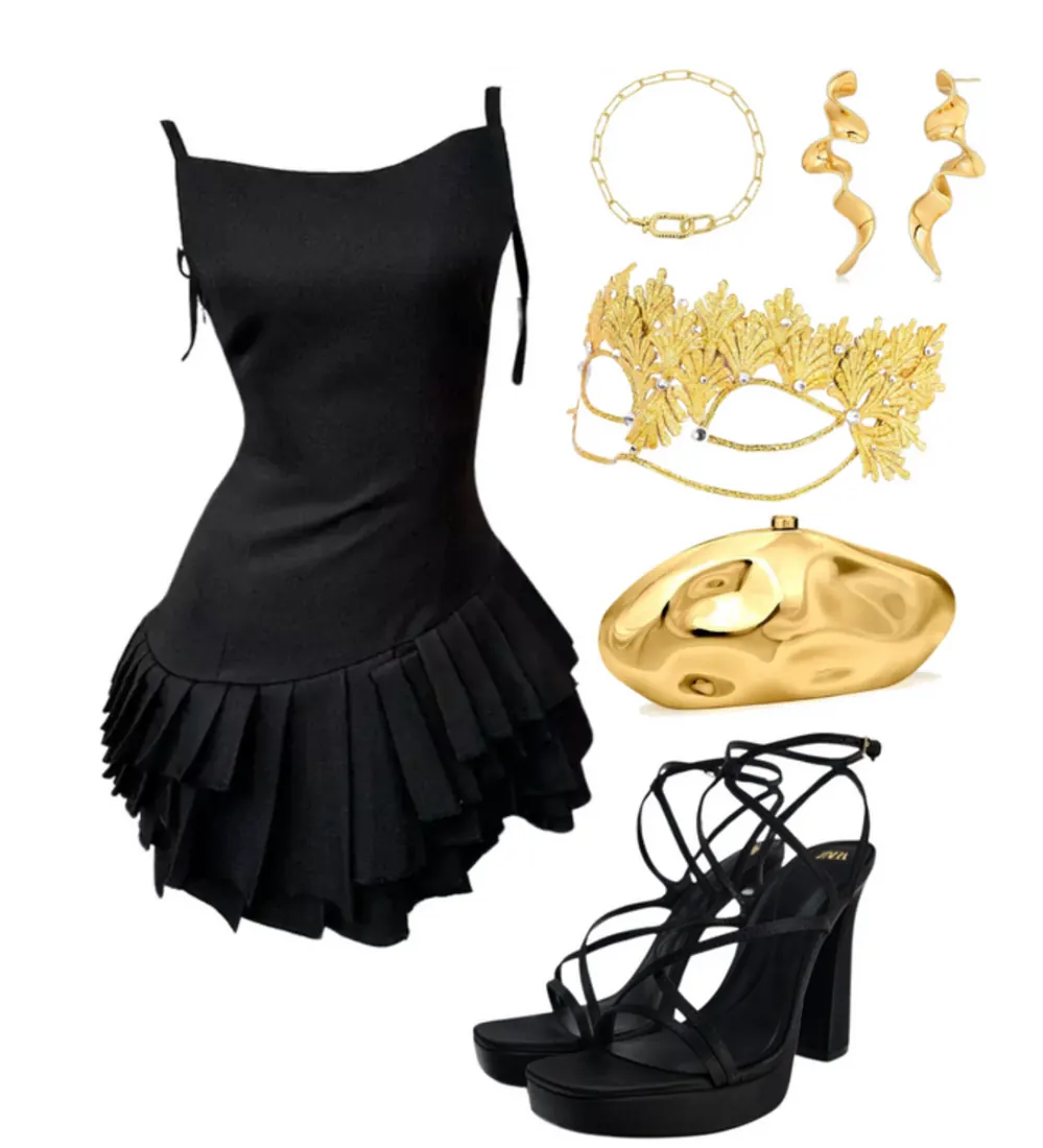 A black mini dress with a pleated bottom; strappy, black high heels; a gold purse; gold, organic-shaped earrings; a gold, lace mask; and a golden chain bracelet.