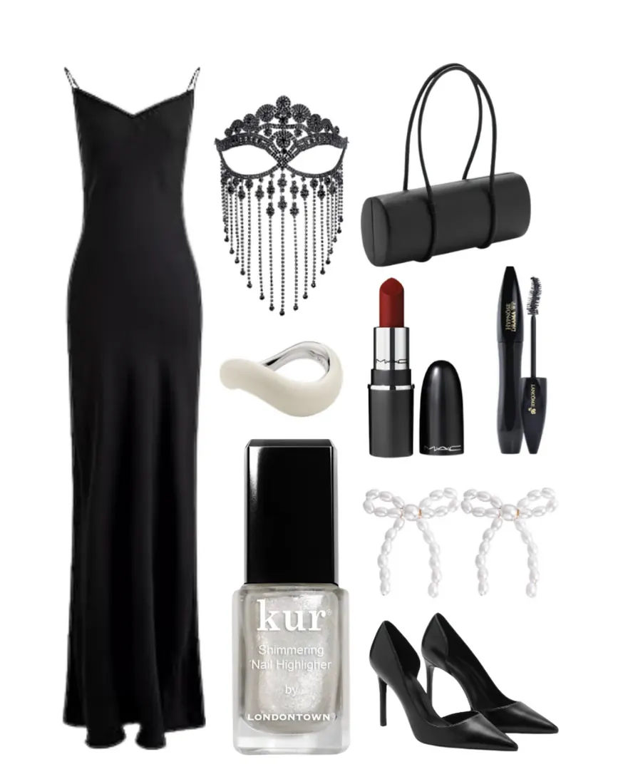 Long, black satin dress paired with black heels, pearl nail polish, red lipstick, black mascara, a small black purse, and bow-shaped pearl earrings, with a white ring.