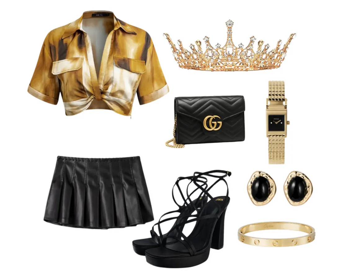 Gold crown with a black leather mini skirt, gold satin top, strappy black heels, gold jewelry.
