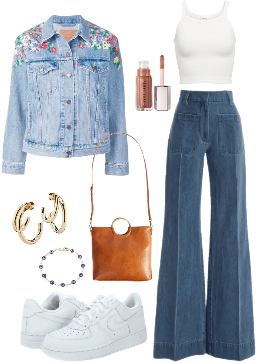 Fitted white tank top, paired with high waited jeans, with flared bottoms. A denim jacket embroidered with colorful flowers, a leather crossbody bag, white sneakers, evil eye bracelet, hold earrings, and a brown lip gloss.