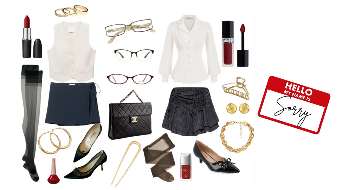 Dark mini skirts paired with white button down, tights, kitten heels, red lipsticks, gold jewelry, and a name tag that reads "Sorry".