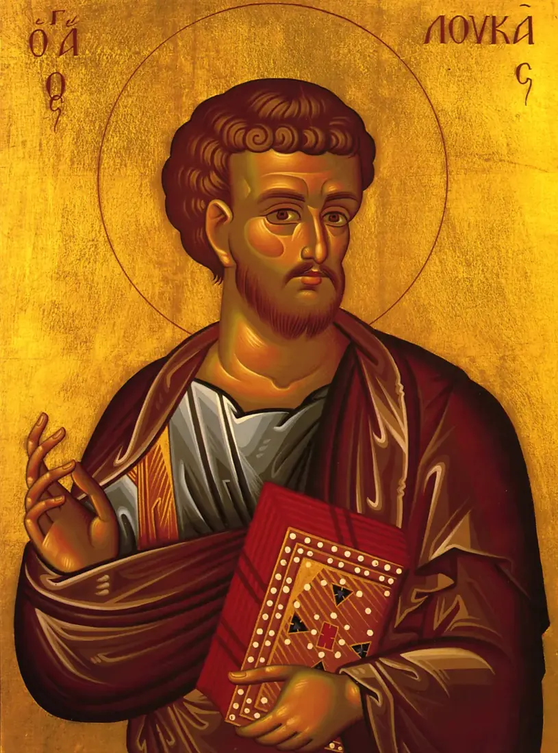 Painting of Luke the Evangelist over gold leaf.