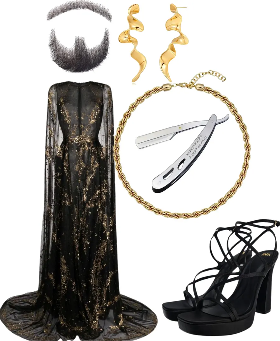 Long, elegant, black gown with old embellishments, paired with strappy black heels, a fake beard, gold jewelry and a fake razor.