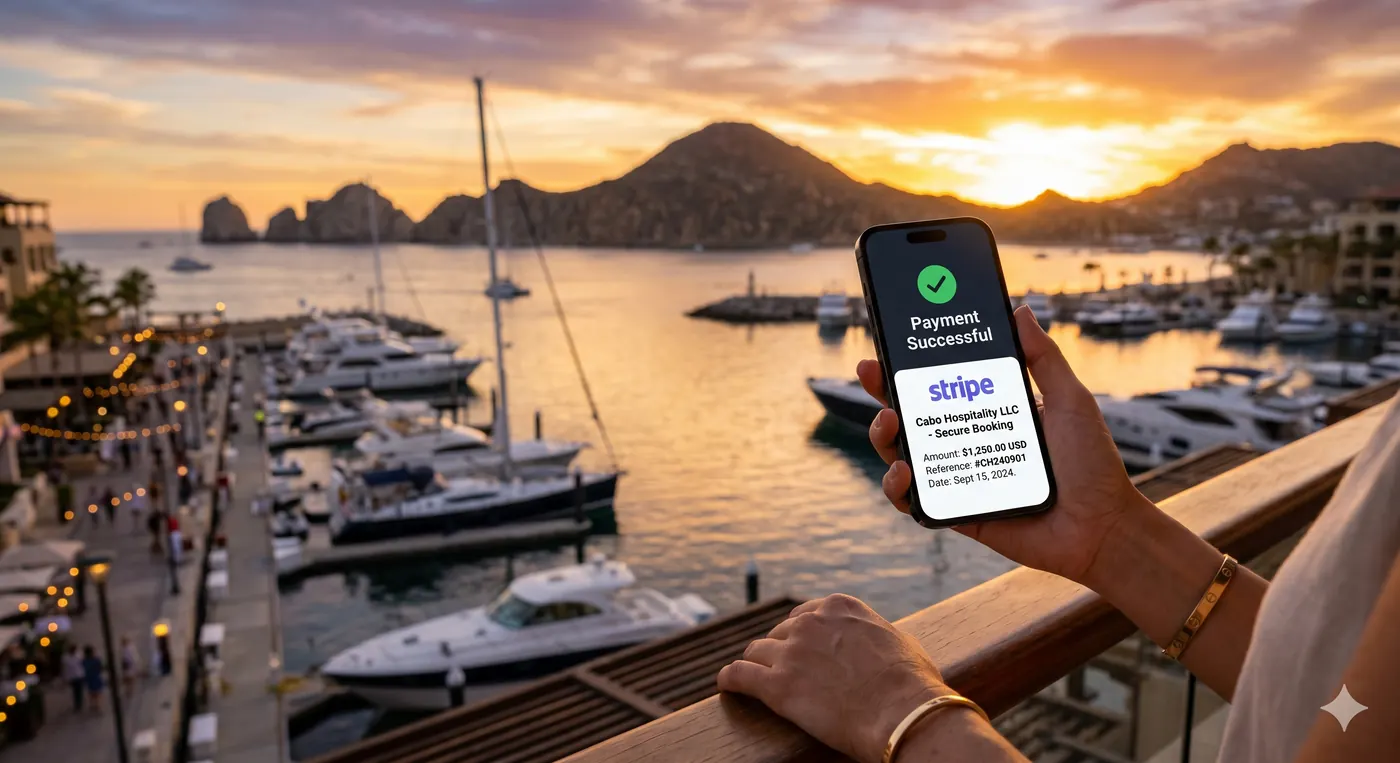 Hands holding a phone showing "Payment Successful" at sunset. Boats in the marina, blurred people, and festive lights in the background.
