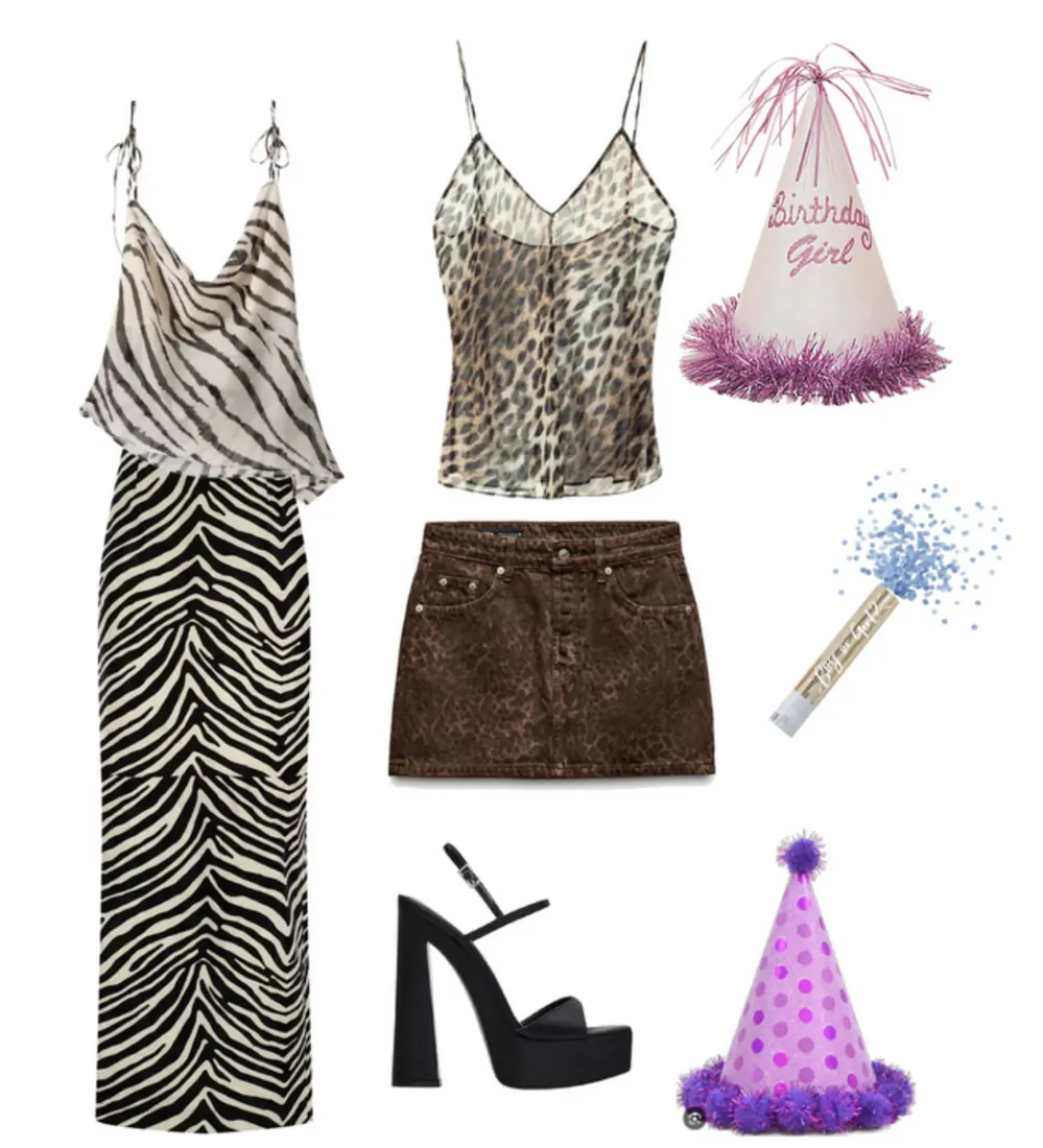 Long skirt in a zebra pattern, paired with a strappy zebra top, a dark skirt with a subtle cheetah print and a see through cheetah print shirt, strappy black heels, party hats, party poppers.