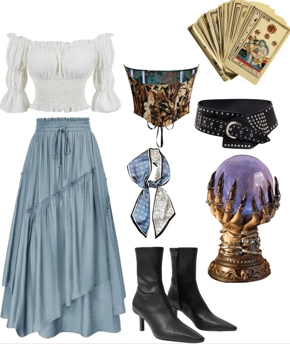 White puffy shirt, long blue skirt, brown corset, black belt, black boots, a tarot deck, crystal ball, and blue and white scarf.