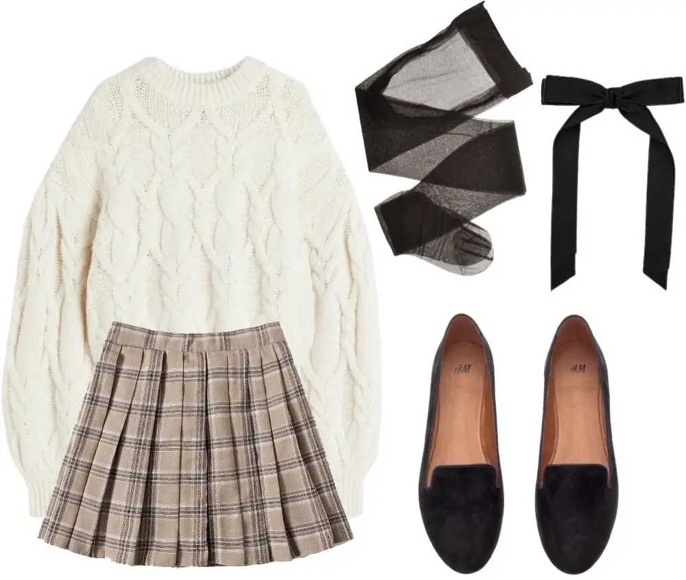 Oversized, thick knit sweater in off-white, with a pleated, plaid skirt, black tights, black flats, and a little black bow.
