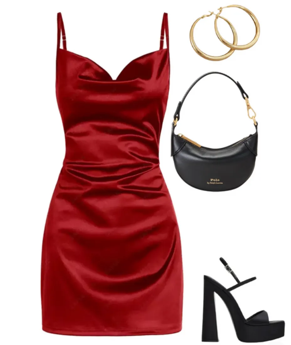A short, red satin dress paired with a small black leather purse, gold hoops, and a simple black high heel.
