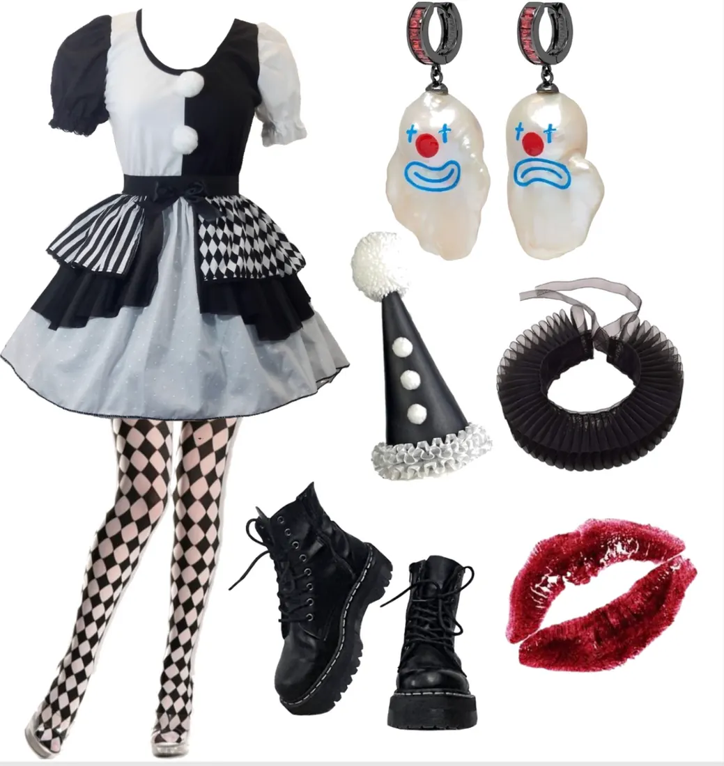 Black and white clown costume with black and white checkered tights, black combat boots, red lipstick, a black ruffled collar, and a black pointy clown hat with white trim and white pompom, paired with pearl earrings painted to look like clown faces.