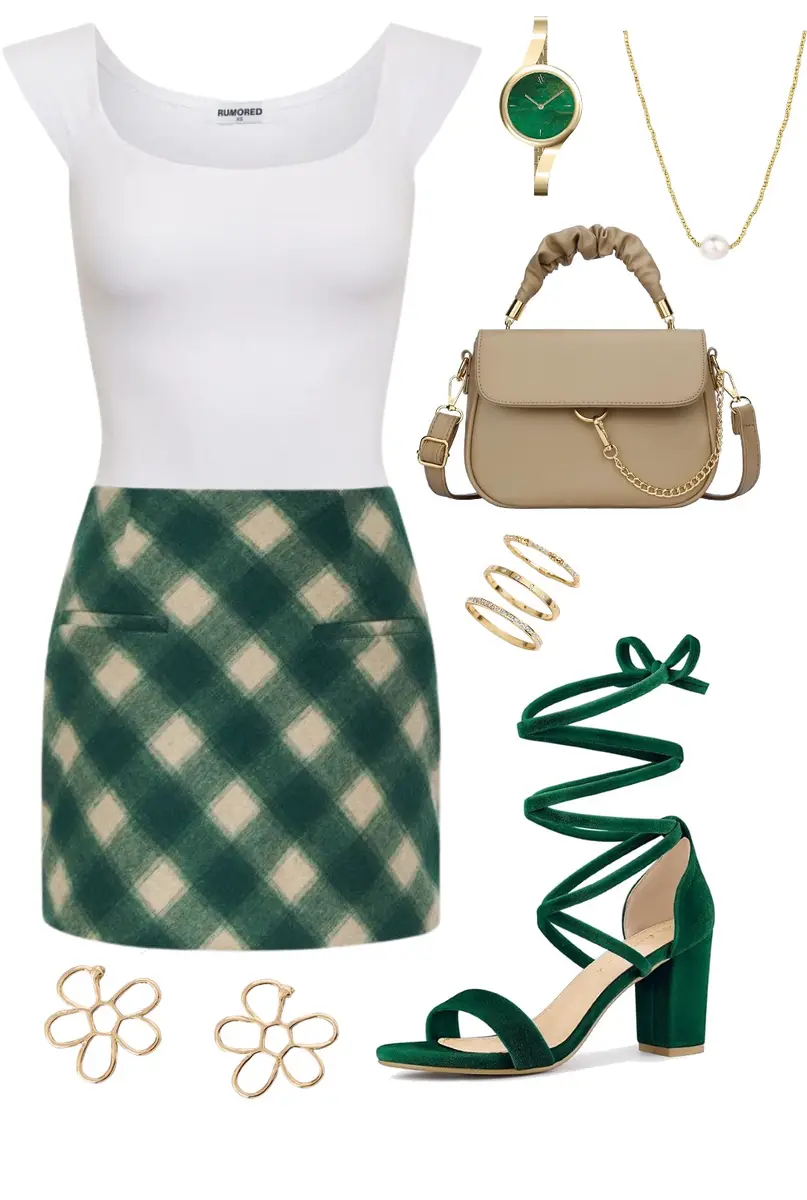 Green plaid miniskirt with a fitted white top, strappy green heels, beige purse, and gold accessories.