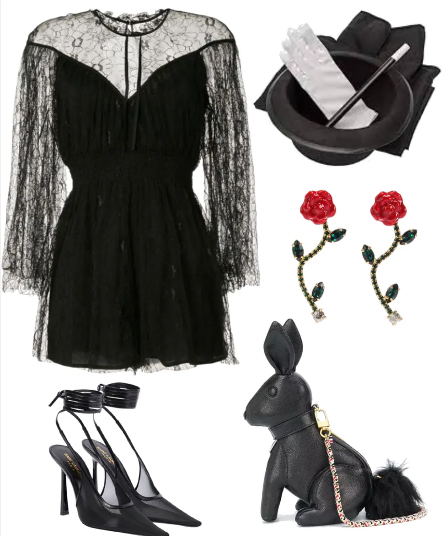 Black lace dress, pointy black heels, top hat, white gloves, cape, rose shaped earrings, and a rabbit shaped purse.