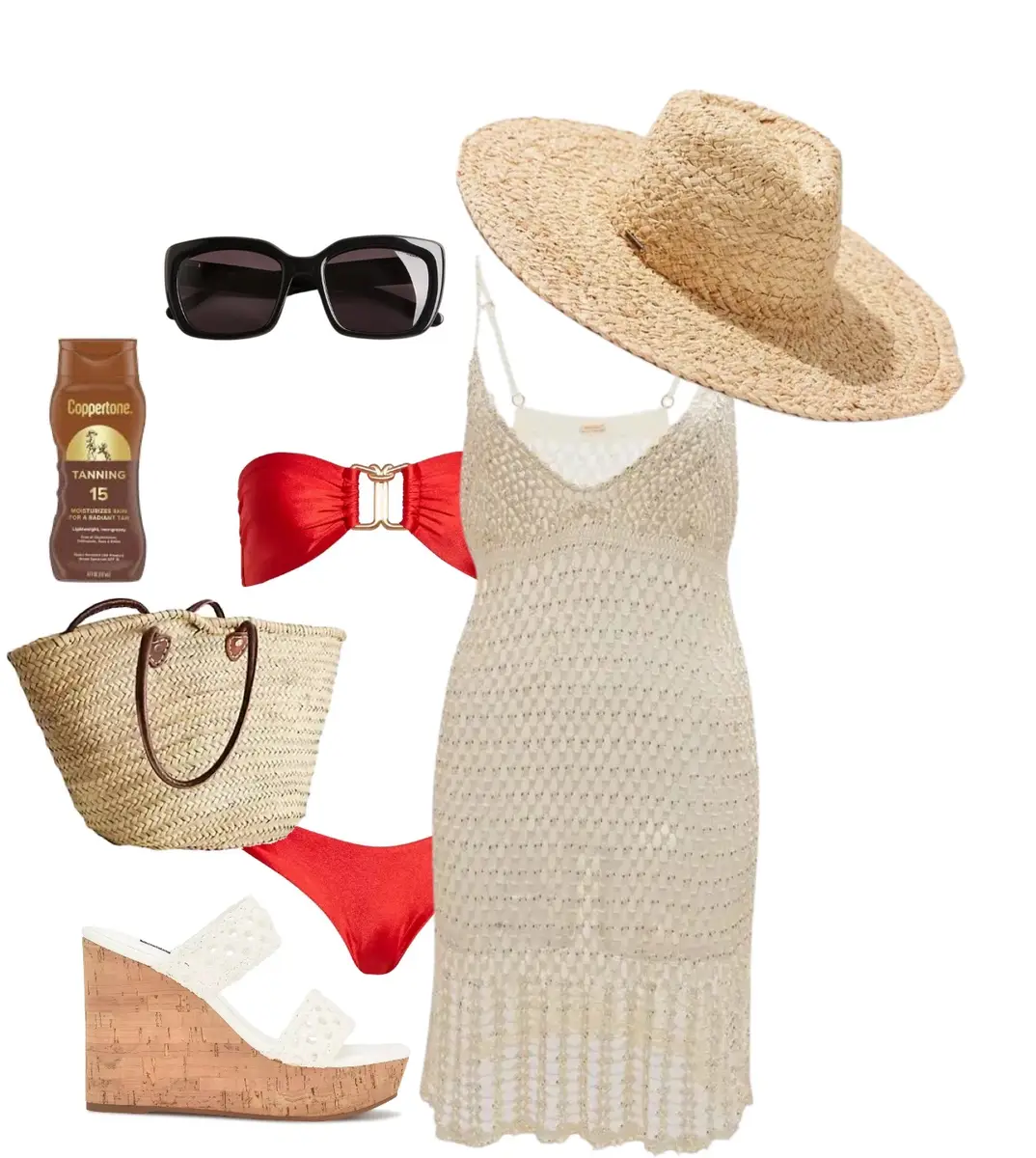 Red bikini partially covedered by a white crochet cover up dress, large brimmed hat, large, black sunglasses, yute beach bag, white wedge sandals, and sun tan lotion.