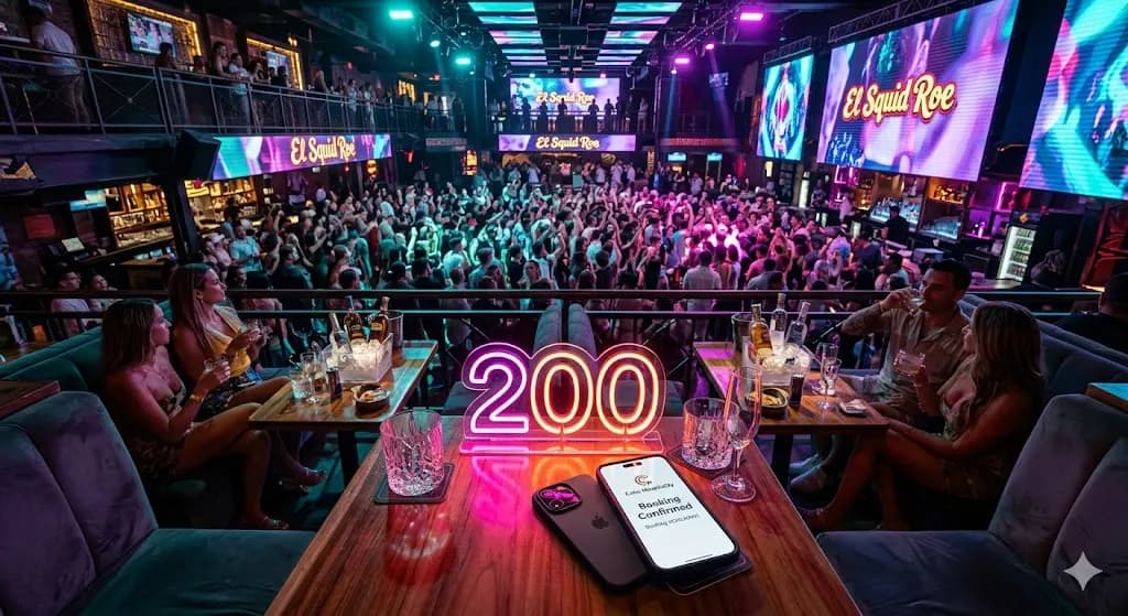 Neon "200" glows on a table with drinks in a lively club. Crowd dances energetically under vibrant lights. "El Squid Roe" signs visible.