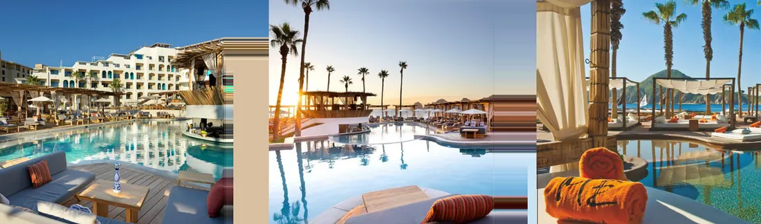 Left: ME Cabo hotel seen from the pool, with sitting areas and cabanas. Center: Sunset seen at ME Cabo pool with palm trees and cabanas. Right: Cabanas at ME Cabo.