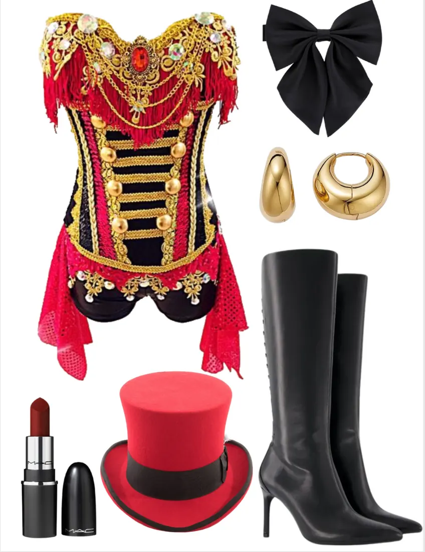 Corset with red and gold embelishments a black bow, black boots, gold jewelry, red lipstick, and a red top hat with a black ribbon.