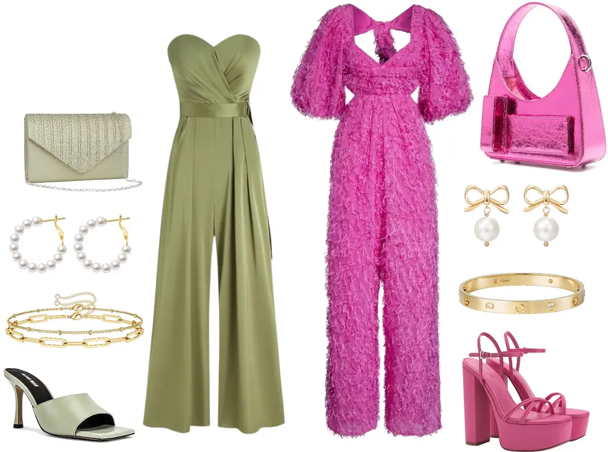 Green satin jumpsuit with heart neckline and a ruffled bodice and lose pant legs, green clutch, gold earrings with pearls, set of gold bracelets, and low green heels, a Mexican pink jumpsuit with puffy sleeves, pink metallic purse, gold earrings with bows and a pearl dripping from the bow, gold bangle, and thick pink pumps.