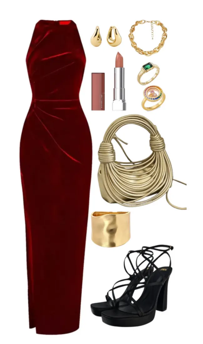 A long, red velvet dress; a gold purse; black, strappy heels; a thick, gold bangle; a thick, gold chain; two gold rings with stones; a nude lipstick; and a rosy lipstick.