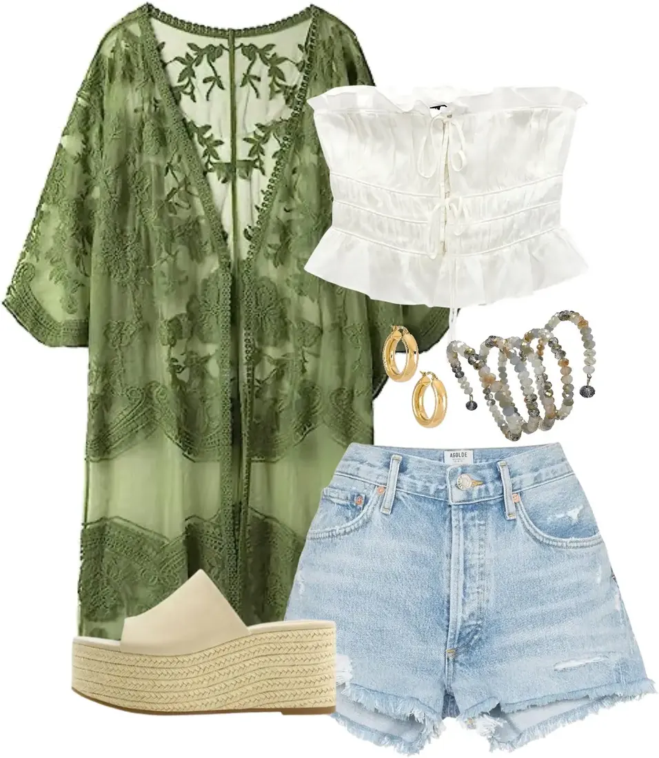 A white ruffled corset-like top, paired with distressed jean shorts, nude wedge sandals, and a green lace kimono. Accessorized with a beaded bracelet and gold earrings.