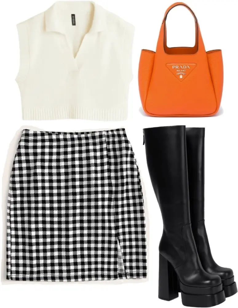 Black and white gingham skirt, white fuzzy sweater vest, black knee-high boots, and a small orange purse.