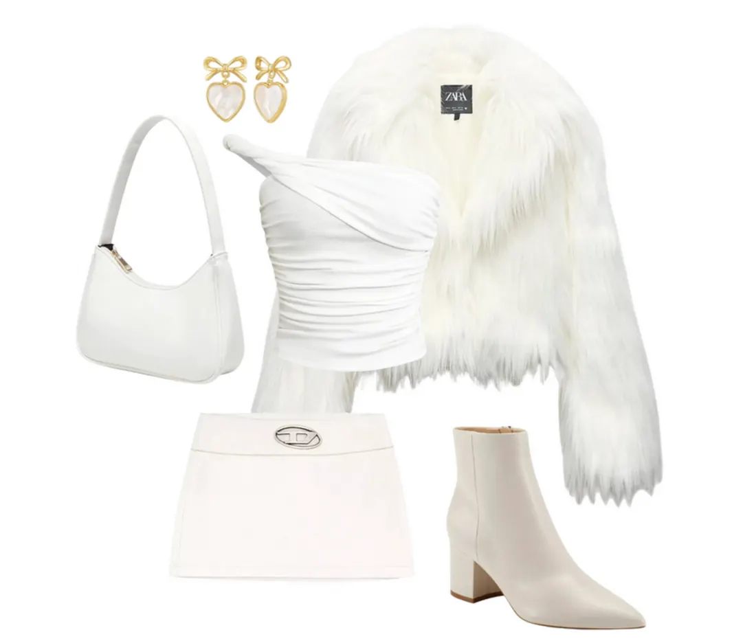 A fake white fur coat, a white off-the-shoulder top, a simple white minis skirt, with heart-shaped pearl earrings, and small white boots.