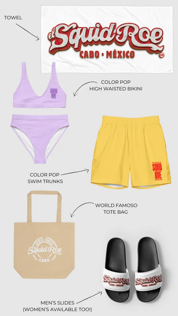 White towel with El Squid Roe logo in red and silver in large, purple high waisted bikini with "El Squid Roe" on the left chest, light yellow men's swim trunk with "El Squid Roe" in red on the left leg, beige tote bag with World Famoso El Squid Roe in white, men's slides with El Squid Roe logo on them.