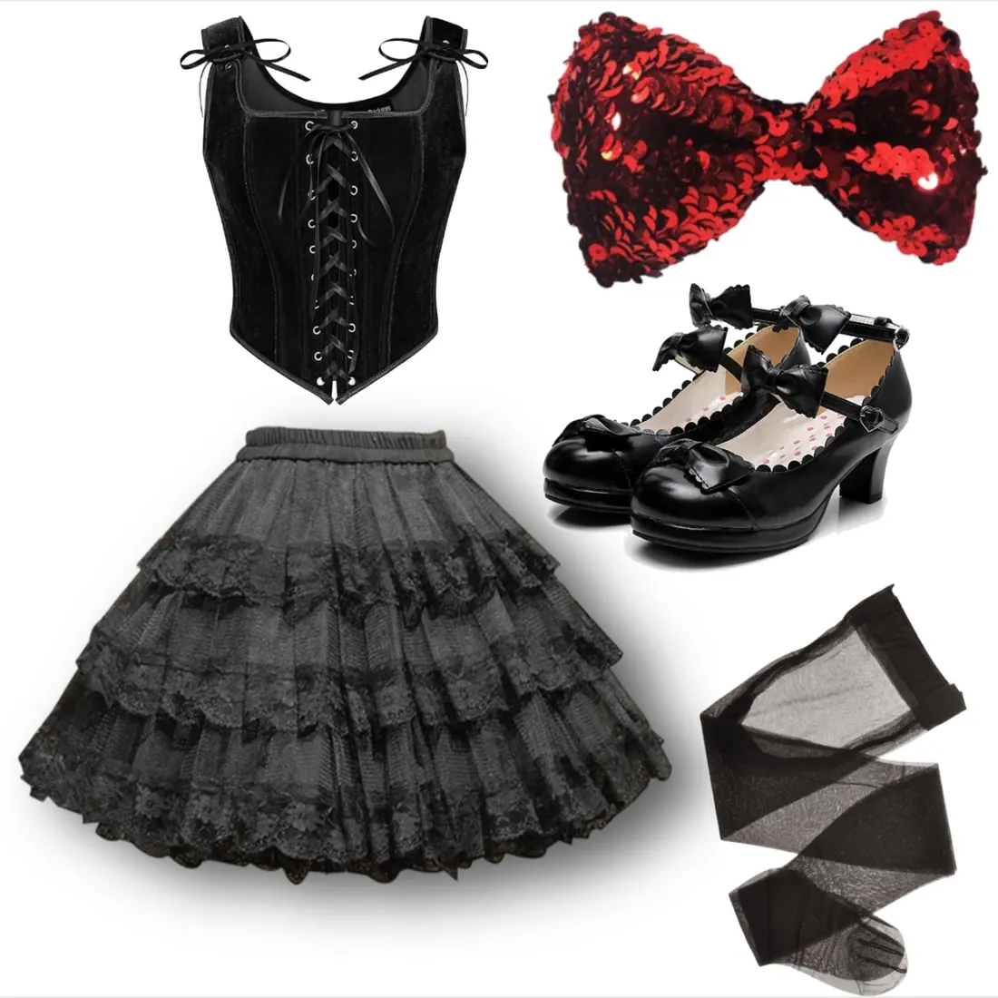 Black corset, black tutu, black tights, black shoes, a red sequin bow tie.