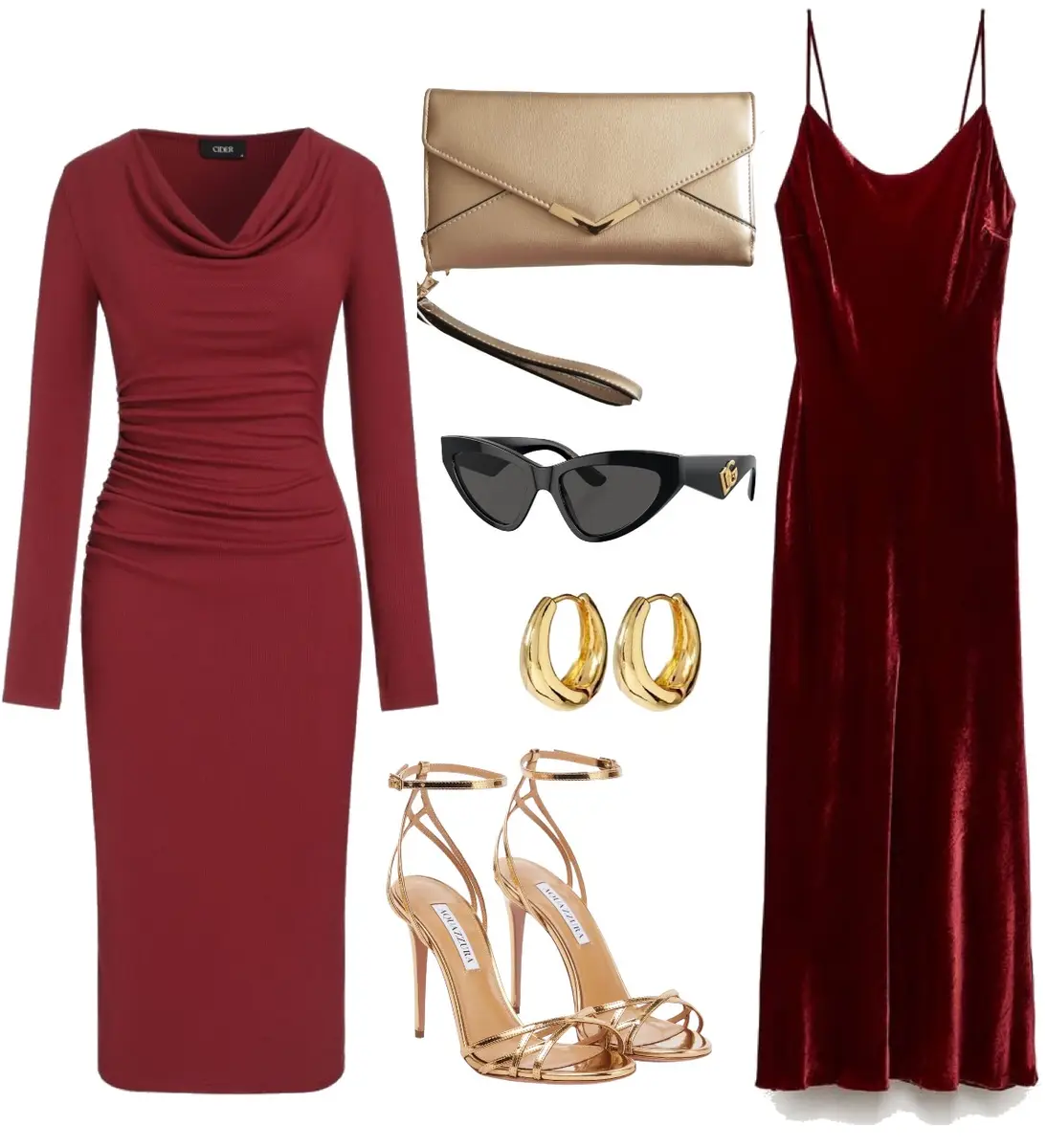 Two cranberry colored dress options, one of them long with long sleeves and a slight cowl collar, the other with spaghetti straps and a v neck. Gold heels, gold clutch, gold hoop earrings, and a dark pair of sunglasses.