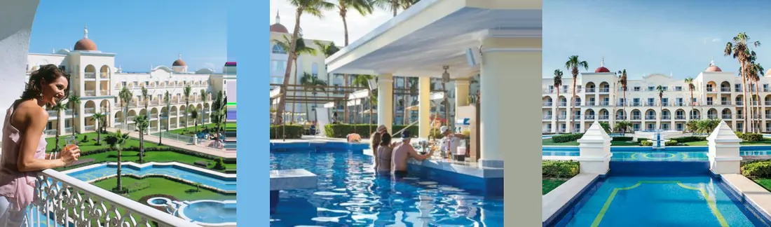 Left: woman leaning on the balcony looking out at the pool at RIU Palace Hotel in Cabo. Center: People at the pool bar at RIU Palace in Cabo. Right: RIU Palace hotel.